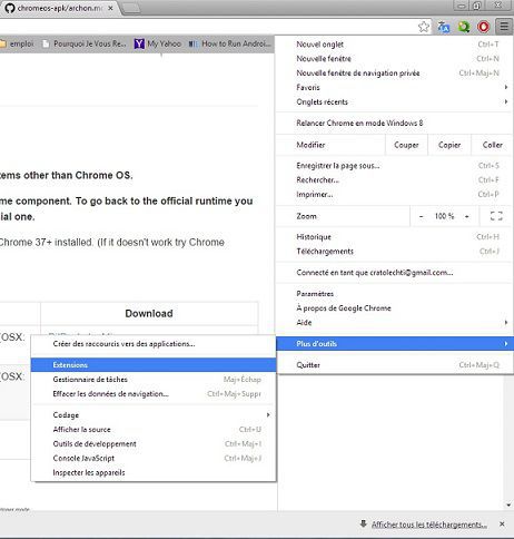 Menu des extension dans Chrome 39