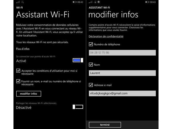 Options Wifi dans Windows 10