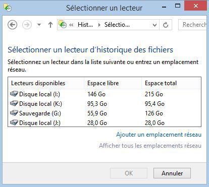 choix du lecteur pour sauvegarde historique fichiers