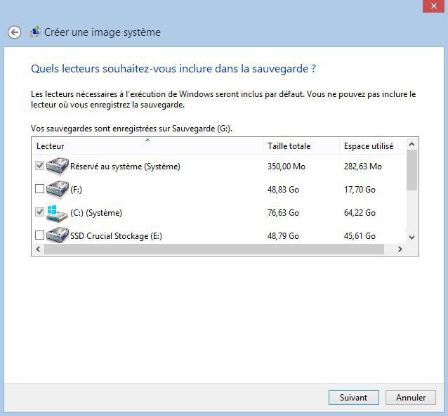 choix du lecteur pour sauvegarde image système
