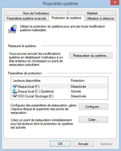 Onglet protection du système Propriétés système
