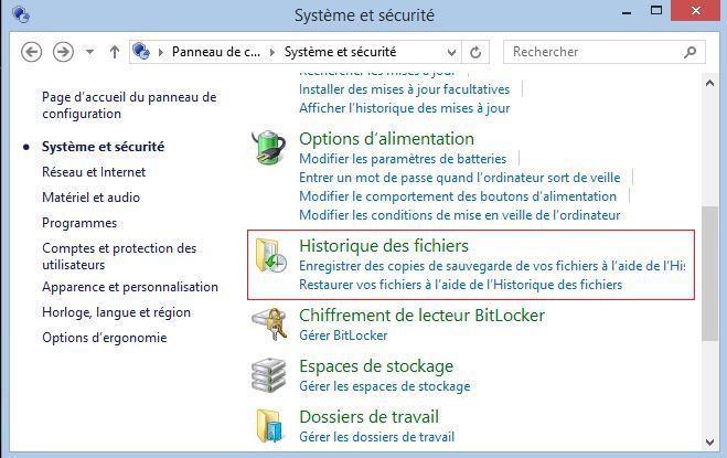 Historique des fichiers dans le panneau de configuration