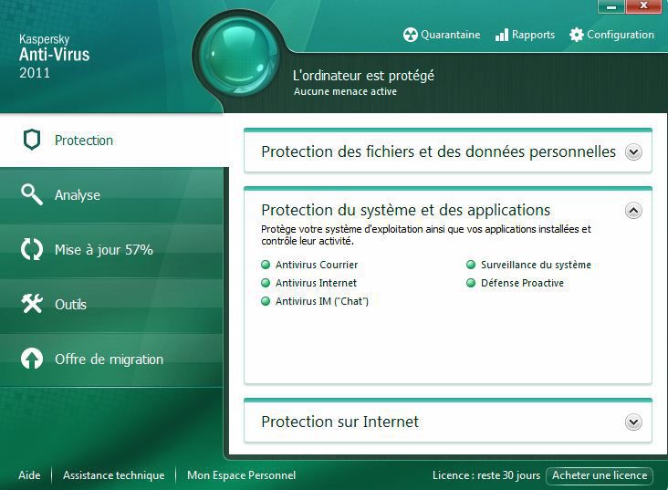 interface de Kaspersky anti-virus