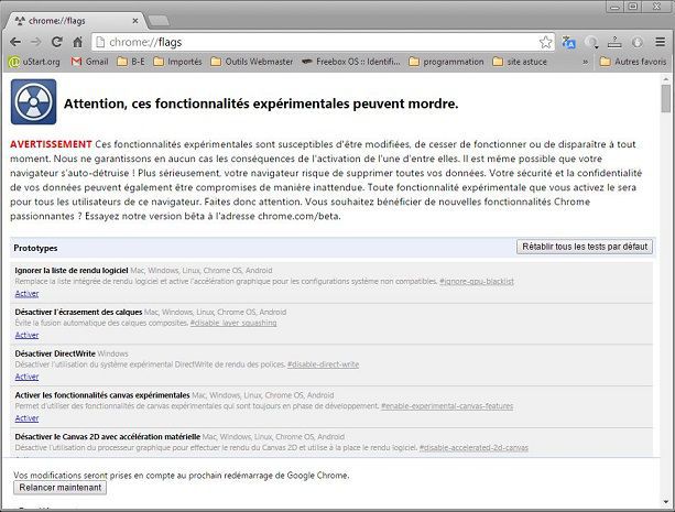 page des fonctionnalités expérimentale chrome