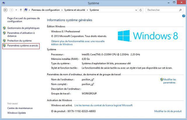 fenêtre système dans panneau de configuration